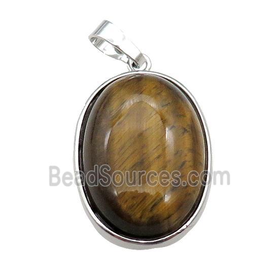 Tiger Eye Stone Oval Pendant Platinum Plated