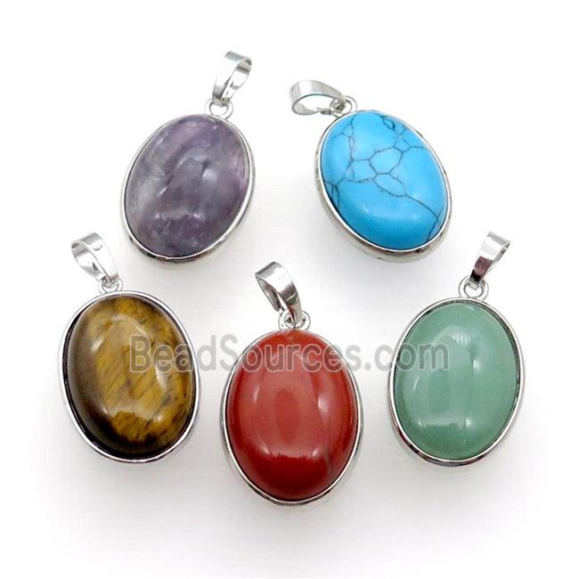 Mixed Gemstone Oval Pendant Platinum Plated