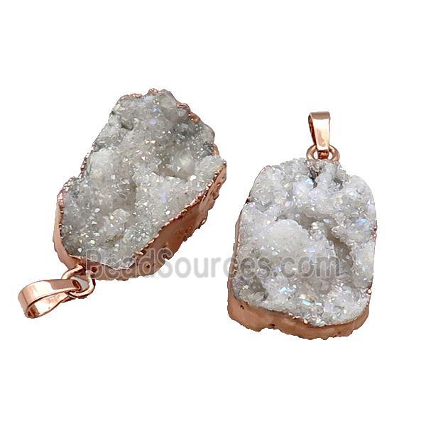 White Quartz Druzy Pendant Freeform AB-Color Rose Gold