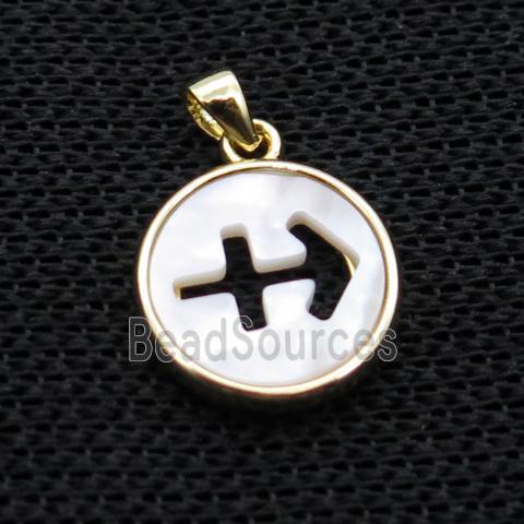 White MOP Shell Circle Pendant Zodiac Sagittarius Gold Plated