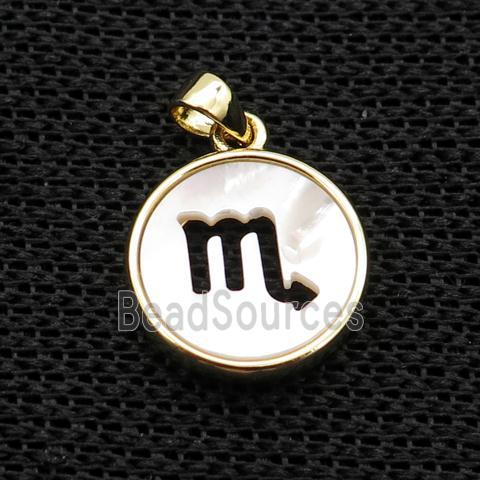 White MOP Shell Circle Pendant Zodiac Scorpio Gold Plated