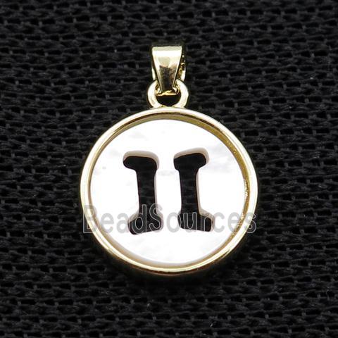 White MOP Shell Circle Pendant Zodiac Gemini Gold Plated