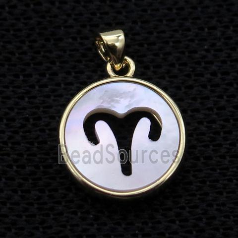 White MOP Shell Circle Pendant Zodiac Aries Gold Plated