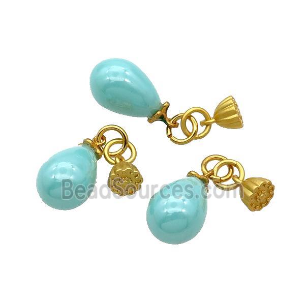 Teal Pearlized Plastic Teardrop Pendant Gold Plated