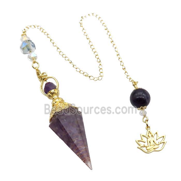 Purple Amethyst Chips Resin Pendulum Pendant Chakra Gold Plated