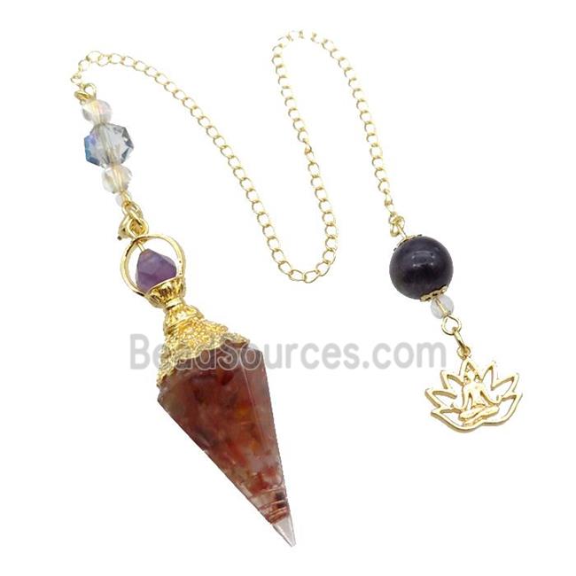 Red Carnelian Agate Chips Resin Pendulum Pendant Chakra Gold Plated