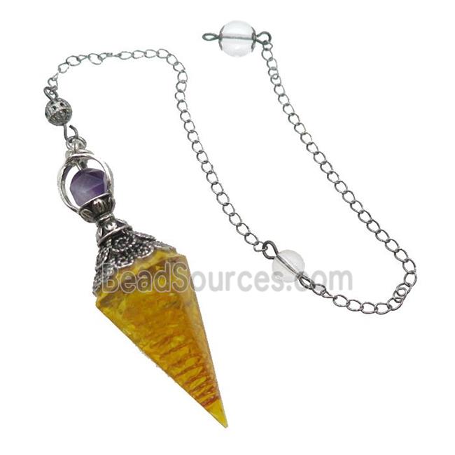 Yellow Citrine Chips Resin Pendulum Pendant Antique Silver