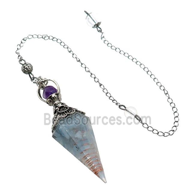 Blue Aquamarine Chips Resin Pendulum Pendant Antique Silver