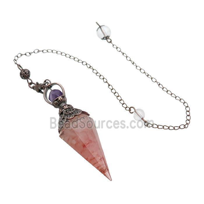 Pink Rose Quartz Chips Resin Pendulum Pendant Antique Red