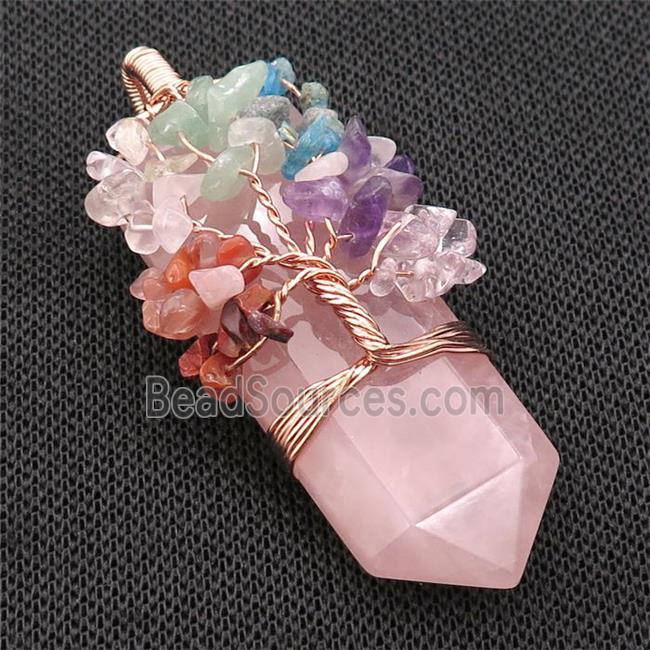 Pink Rose Quartz Bullet Pendant Chakra Tree Rose Gold Wire Wrapped