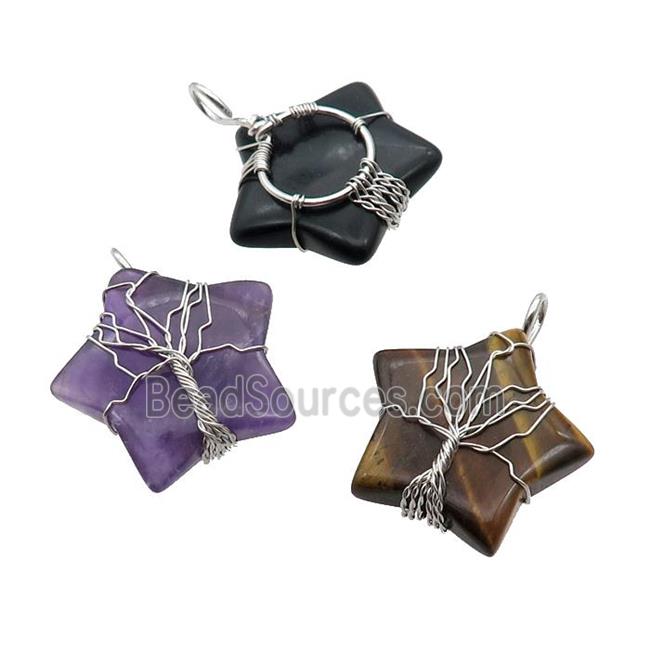 Mix Gemstone Star Pendant Tree Wire Wrapped