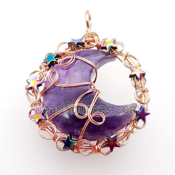 Purple Amethyst Moon Pendant Wire Wrapped