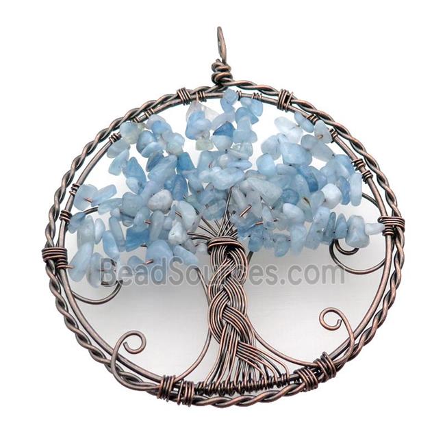 Blue Aquamarine Chip Tree Of Life Pendant Wire Wrapped Antique Red