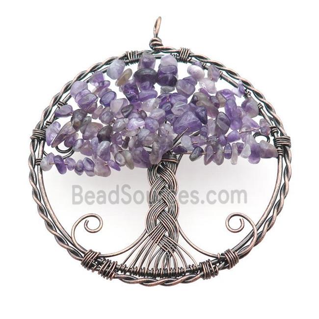 Purple Amethyst Chip Tree Of Life Pendant Wire Wrapped Antique Red
