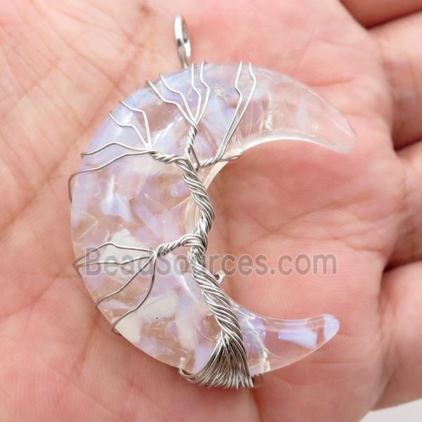 Resin Moon Pendant With Opalite Chip Tree Wire Wrapped