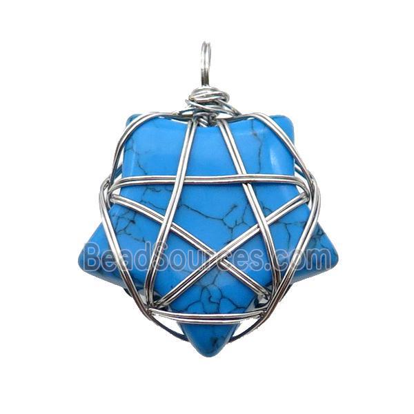 Blue Dye Turquoise Star Pendant Wire Wrapped