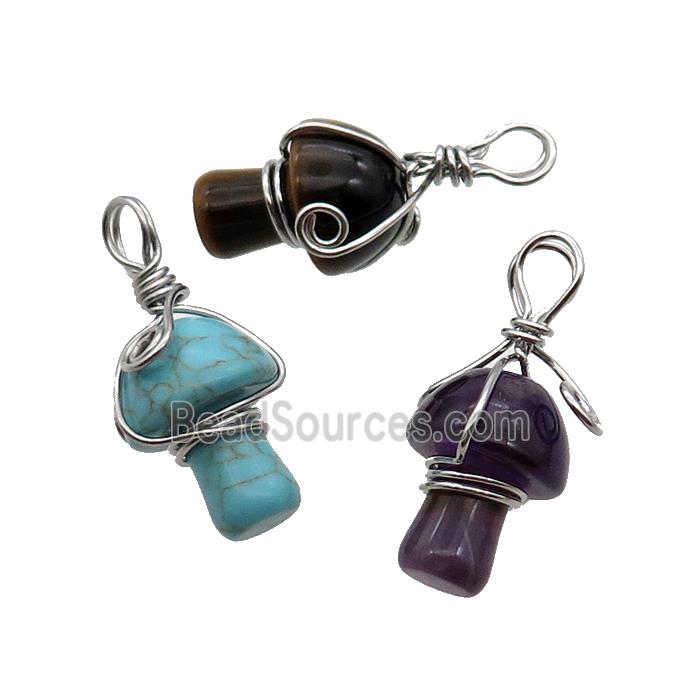Mix Gemstone Mushroom Pendant Wire Wrapped