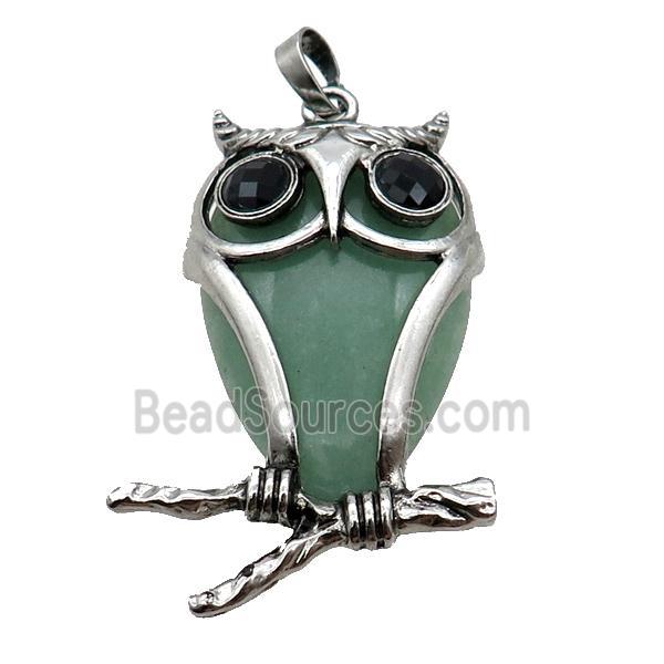 Green Aventurine Owl Pendant Alloy Antique Silver