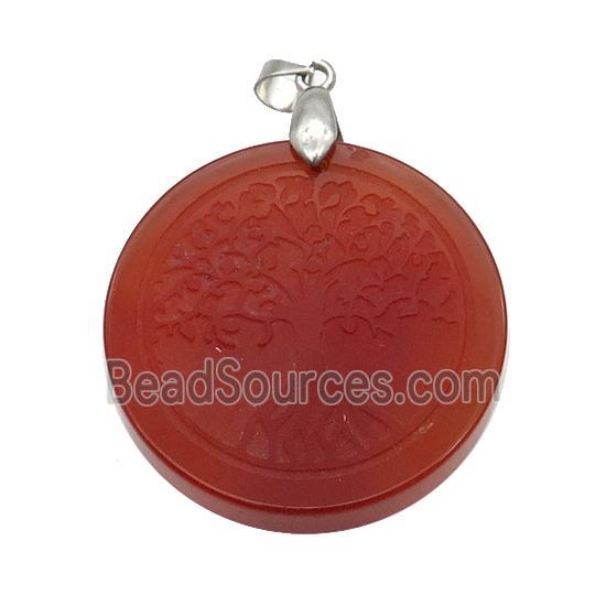 Red Carnelian Agate Circle Pendant Tree Of Life Craved