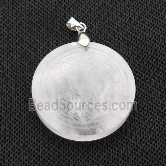 Clear Quartz Circle Pendant Flower Of Life Craved