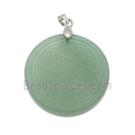 Green Aventurine Circle Pendant Flower Of Life Craved