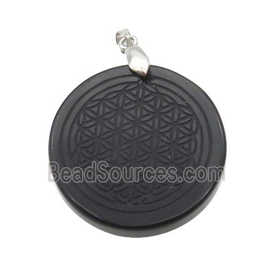 Black Onyx Agate Circle Pendant Flower Of Life Craved