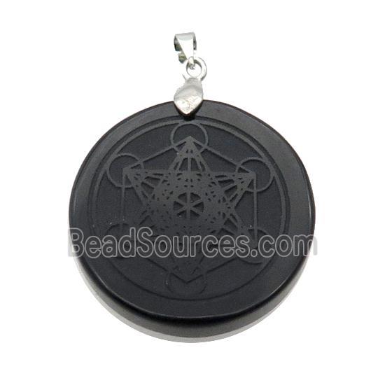 Black Onyx Agate Circle Pendant Metatrons Cube Craved