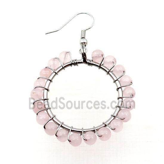 Pink Rose Quartz Copper Hook Earring Wire Wrapped Platinum Plated