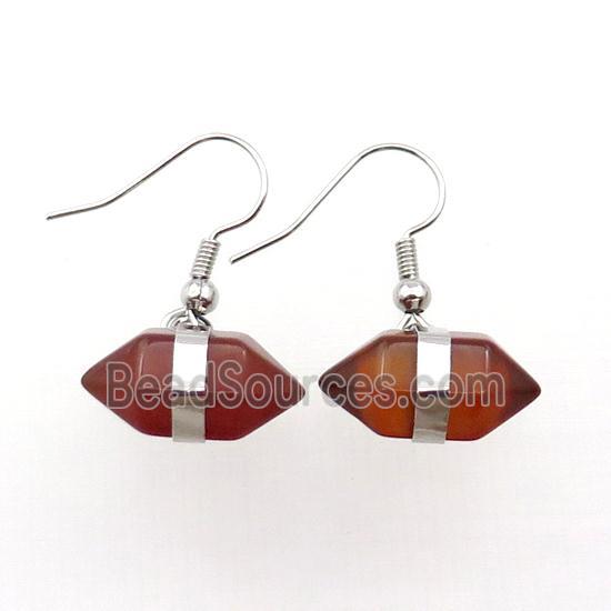 Red Carnelian Copper Hook Earring Bullet Platinum Plated