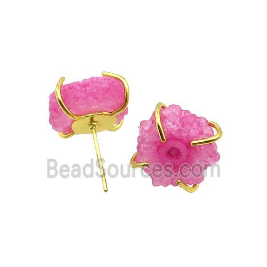 Pink Quartz Druzy Copper Stud Earring Gold Plated