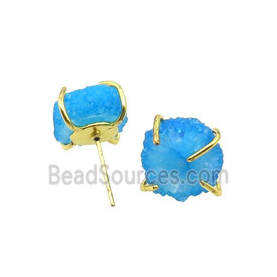 Blue Quartz Druzy Copper Stud Earring Gold Plated