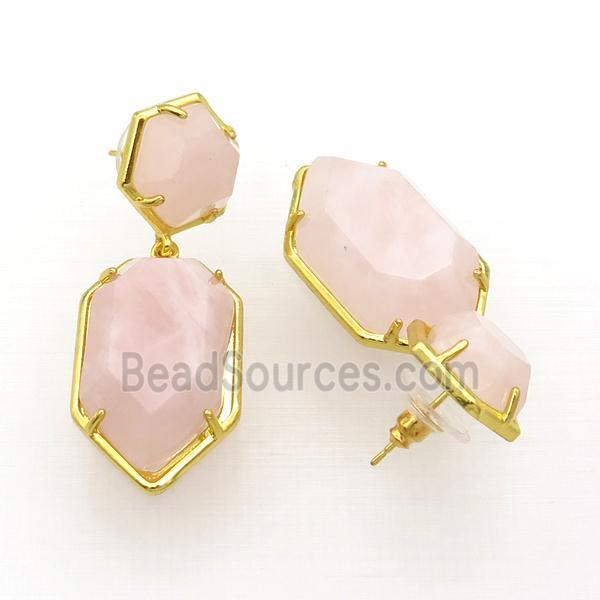 Pink Rose Quartz Copper Stud Earring Gold Plated