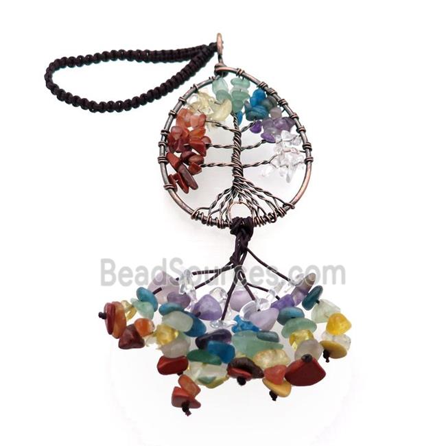 Mix Gemstone Chip Pendant Chakra Tree Of Life Antique Red