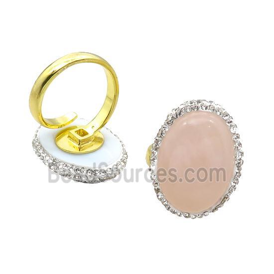 Rose Quartz Copper Ring Pave Rhinestone Adjustable Gold Plated