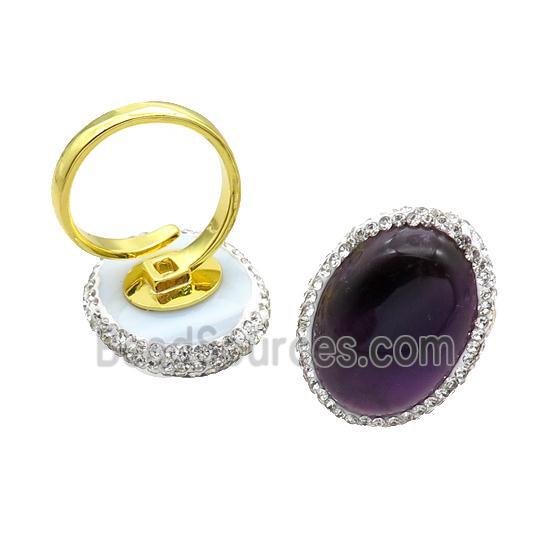 Amethyst Copper Ring Pave Rhinestone Adjustable Gold Plated