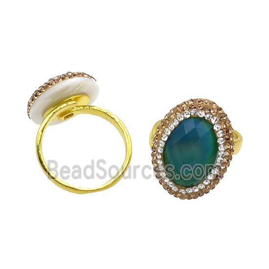 Green Crystal Glass Copper Ring Pave Rhinestone Adjustable Gold Plated