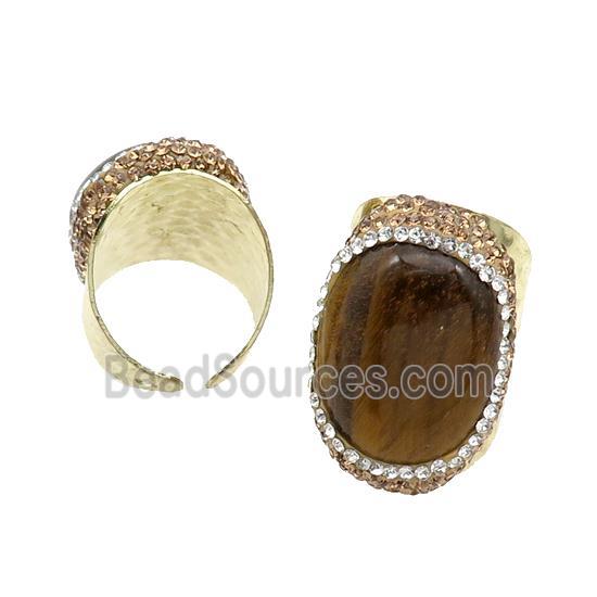 Tiger Eye Stone Copper Ring Pave Rhinestone Gold Plated