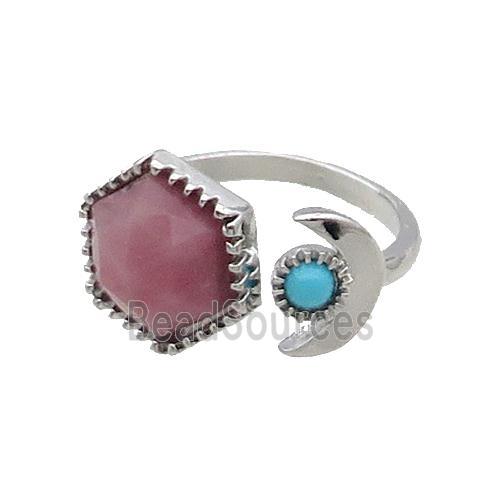 Pink Rhodonite Copper Ring Hexagon Platinum Plated