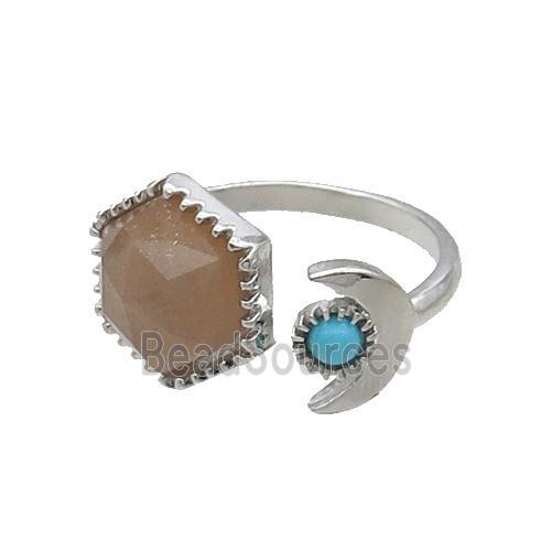 Peach Moonstone Copper Ring Hexagon Platinum Plated