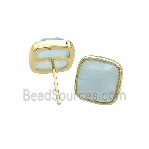 Copper Stud Earring Pave Blue Amazonite Square Gold Plated