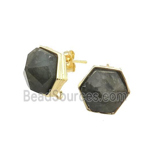 Labradorite Hexagon Stud Earring Copper Gold Plated