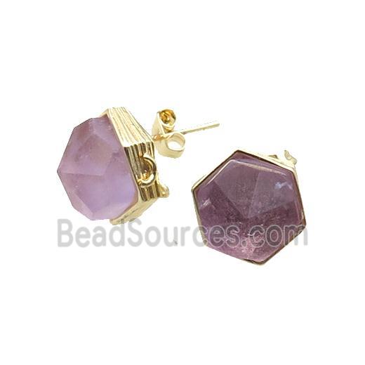 Purple Amethyst Hexagon Stud Earring Copper Gold Plated