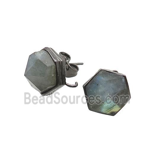 Labradorite Hexagon Stud Earring Copper Black Plated