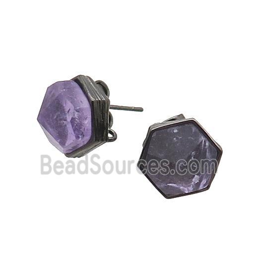 Purple Amethyst Hexagon Stud Earring Copper Black Plated