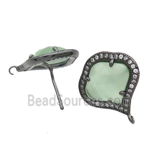 Lt.Green Cat Eye Glass Stud Earring Copper Pave Zircon With Loop Black Plated