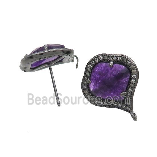 Purple Jade Stud Earring Copper Pave Zircon With Loop Black Plated