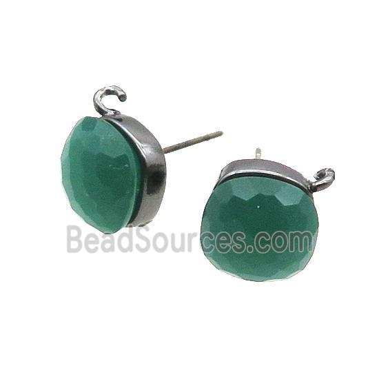 Green Cat Eye Glass Stud Earring Copper Loop Black Plated