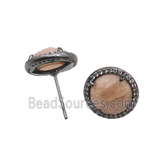 Peach Sunstone Stud Earring Copper Pave Zircon Circle Black Plated