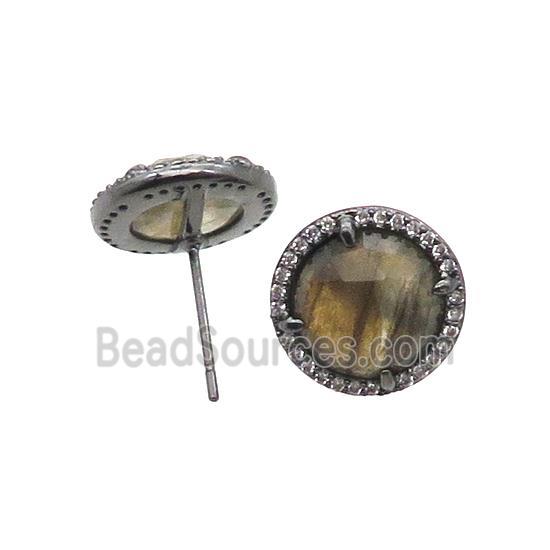 Labradorite Stud Earring Copper Pave Zircon Circle Black Plated