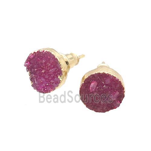 Pink Agate Druzy Stud Earring Circle Dye Gold Plated